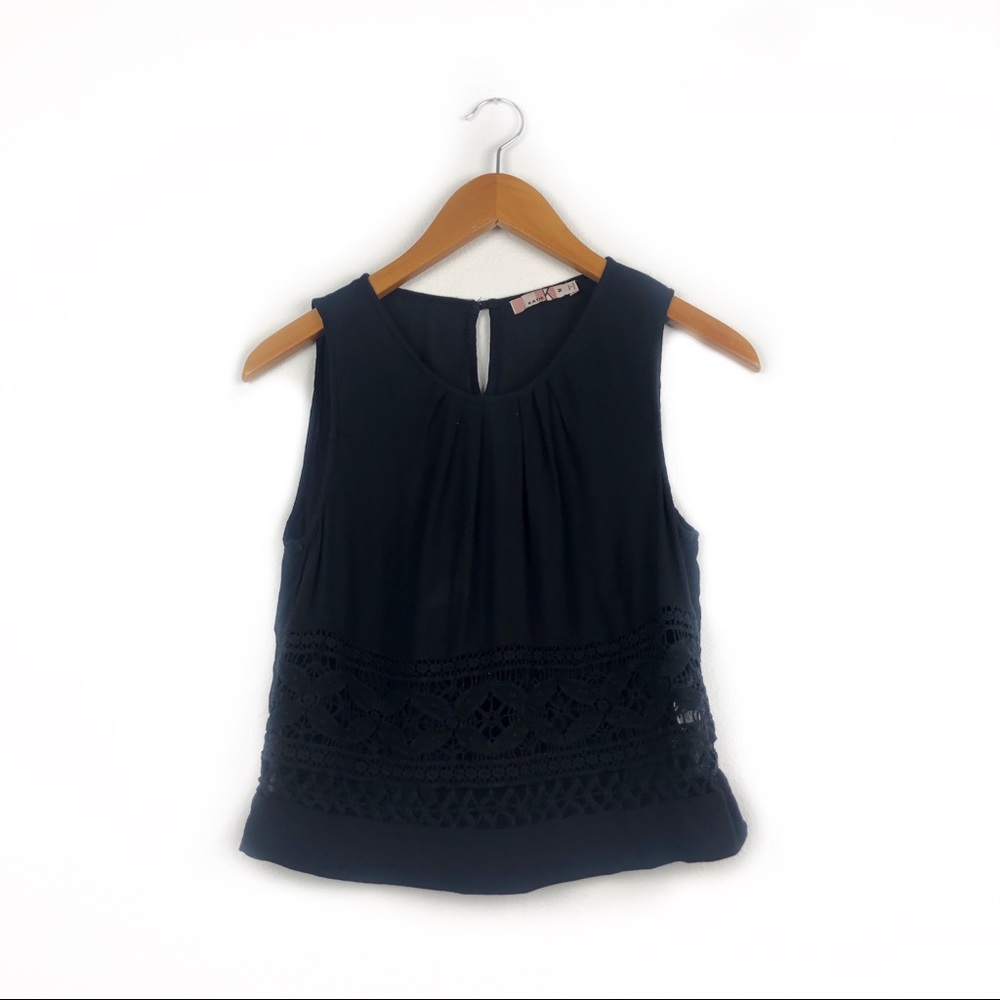 Katie K Black Cropped Tank Crochet Detail Medium
